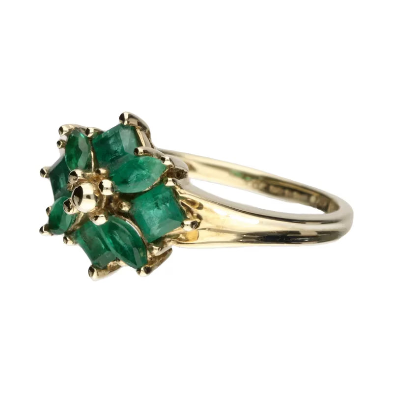 Pre-Owned 9ct Yellow Gold Princess & Marquise Cut Emerald Cluster Ring - David Christopher Jewellers
