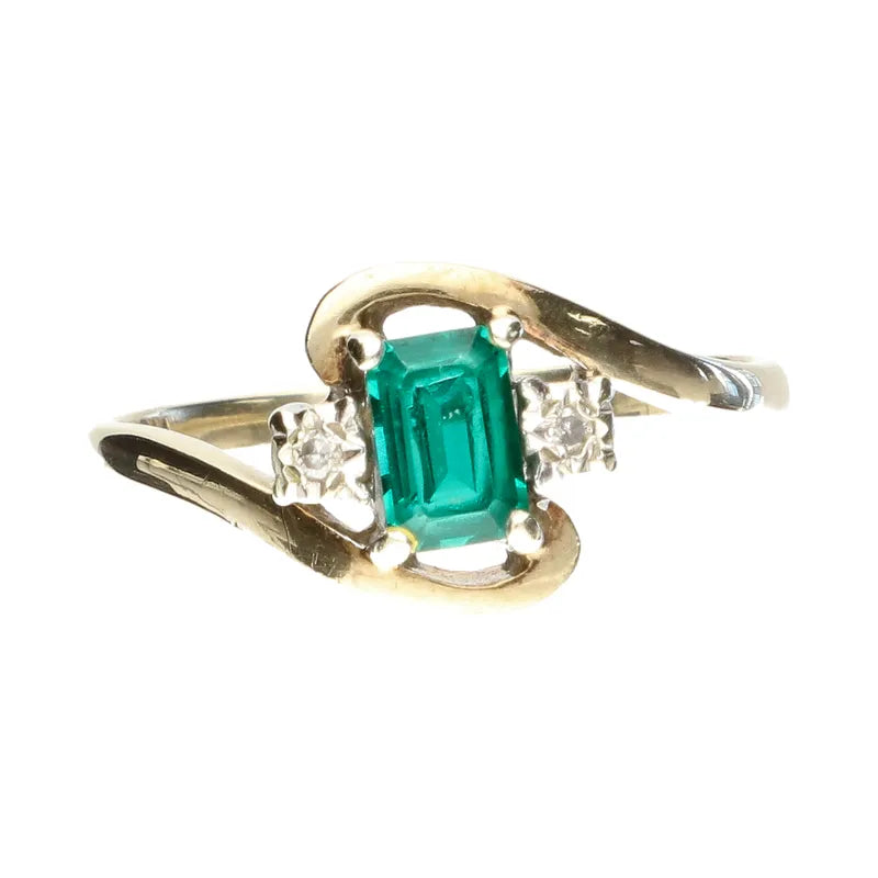 Pre-Owned 9ct Yellow Gold Synthetic Emerald & Diamond Set Swirl Ring