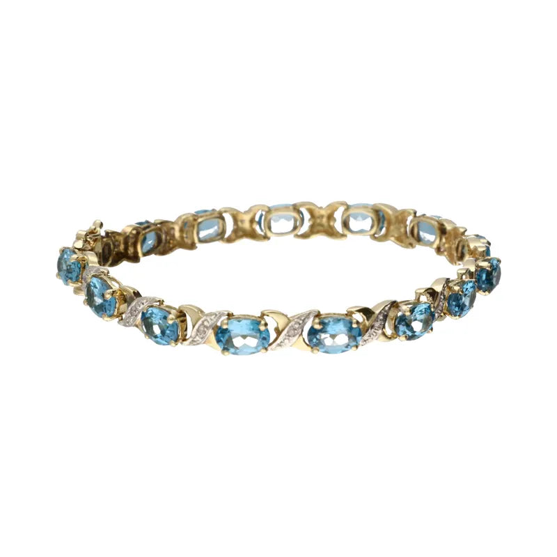 Pre-Owned 14ct Yellow Gold Blue Topaz & Diamond Set Bracelet