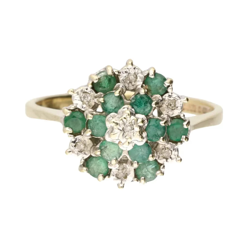Pre-Owned 9ct Yellow Gold Emerald & Diamond Cluster Ring