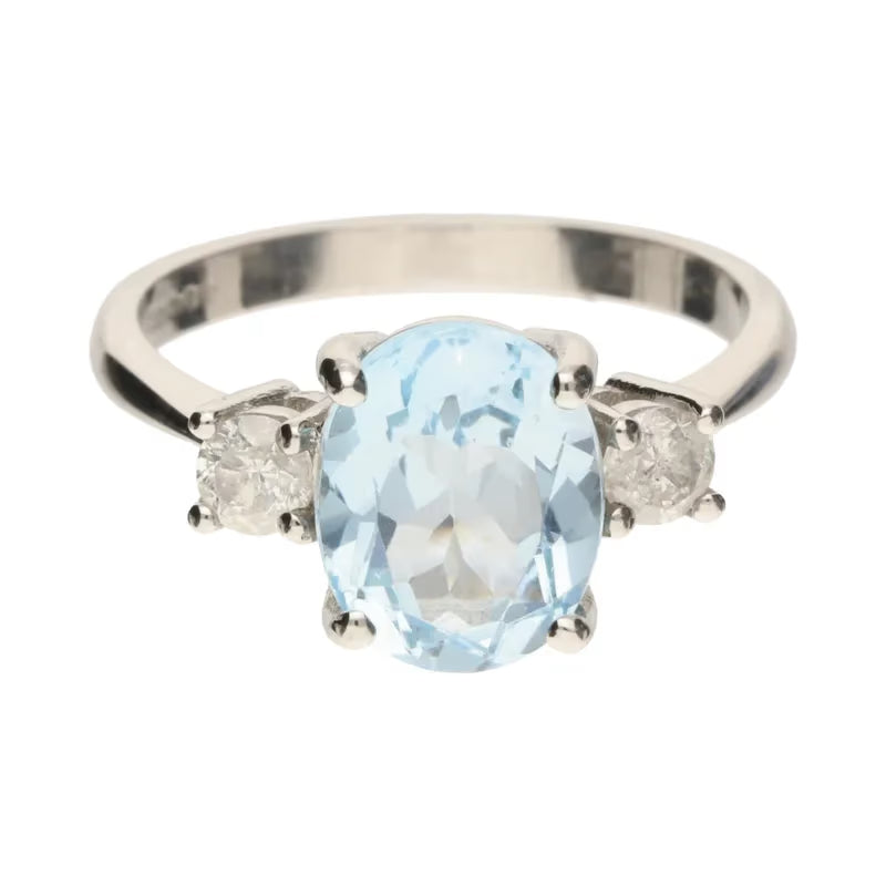 Platinum Triple Stone Oval Cut Blue Topaz & Diamond Ring - David Christopher Jewellers