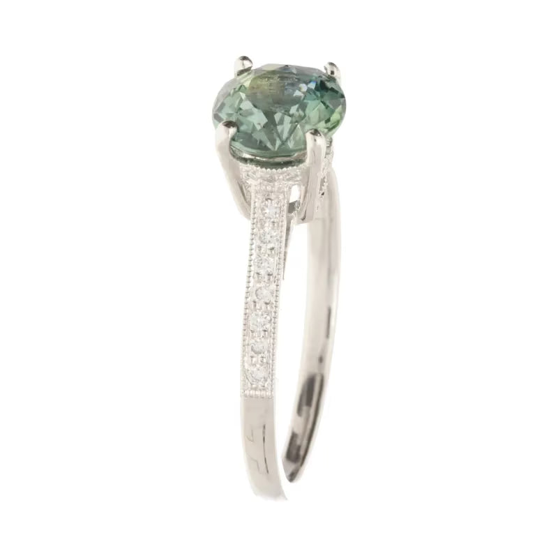 18ct White Gold Teal Sapphire & 0.12ct Diamond Ring - David Christopher Jewellers