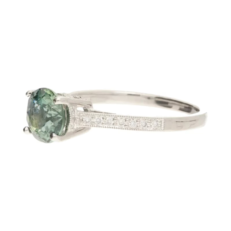 18ct White Gold Teal Sapphire & 0.12ct Diamond Ring - David Christopher Jewellers