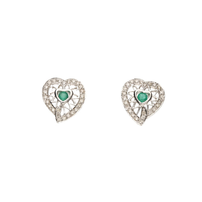 18ct White Gold Diamond & Emerald Heart Stud Earrings