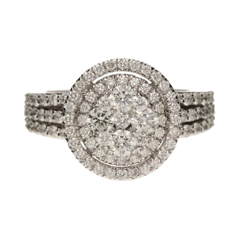 18ct White Gold & Palladium Split Shoulder Round Diamond Cluster Ring 1.22ct254464