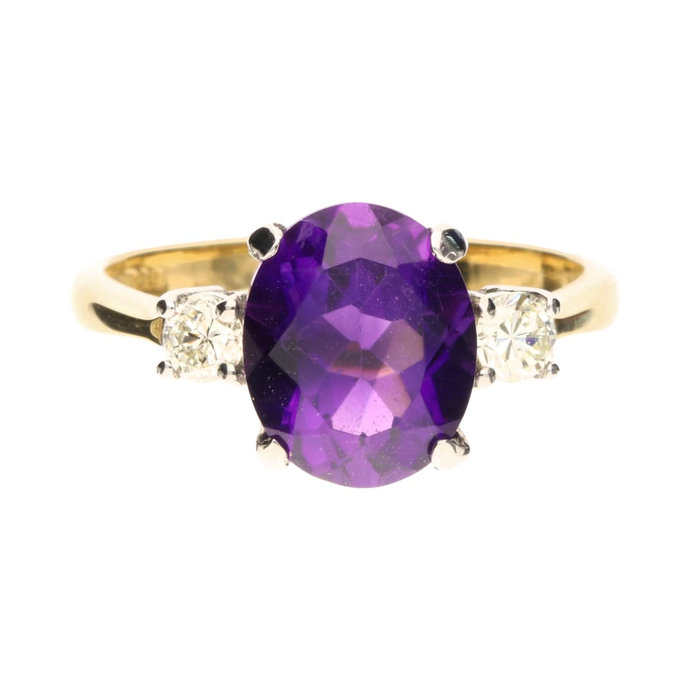 18ct Yellow Gold 4 Claw Oval Amethyst & Diamond Set Ring