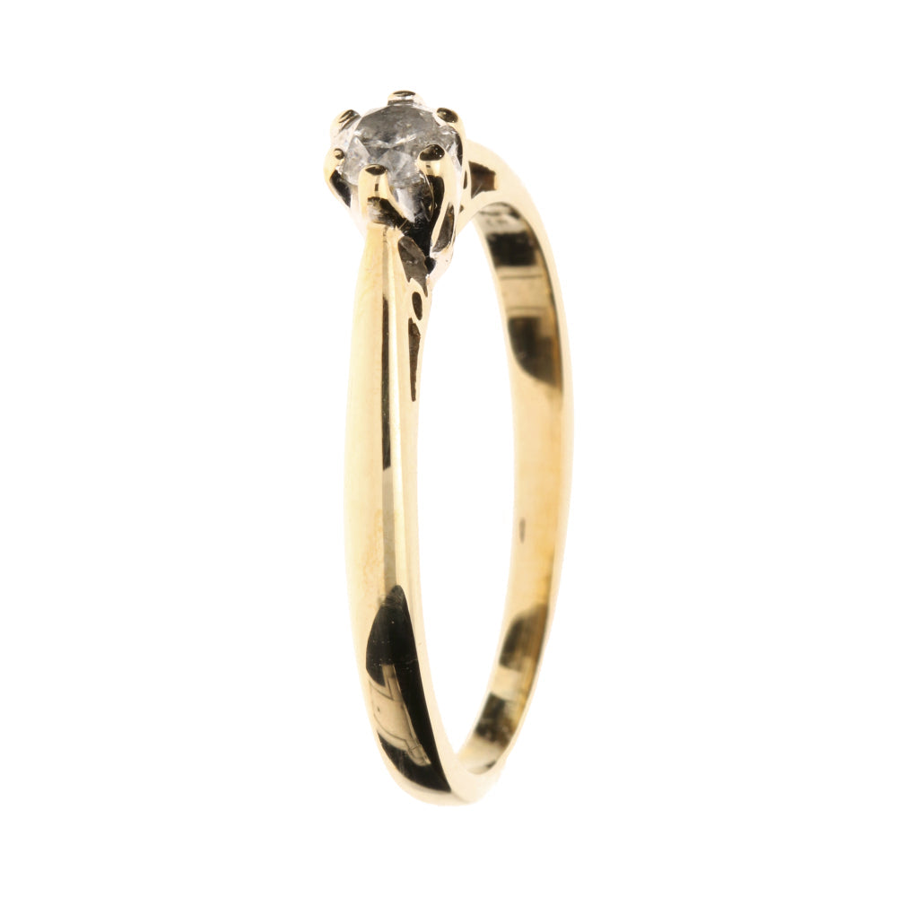Gold ring with a diamond on a white background
