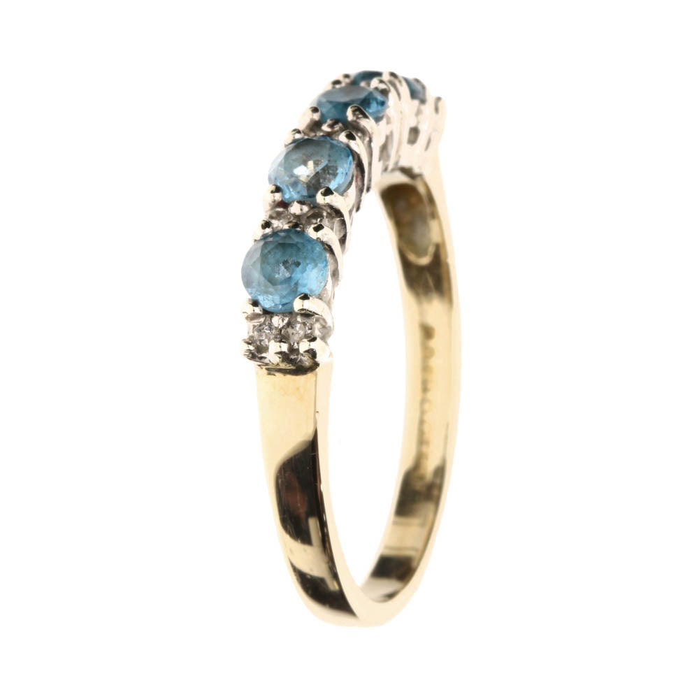 Pre-Owned 9ct Yellow Gold Blue Topaz & Diamond Set Half Eternity Ring