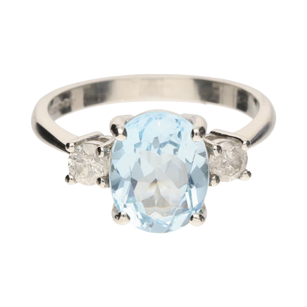 Platinum Triple Stone Oval Cut Blue Topaz & Diamond Ring image 0