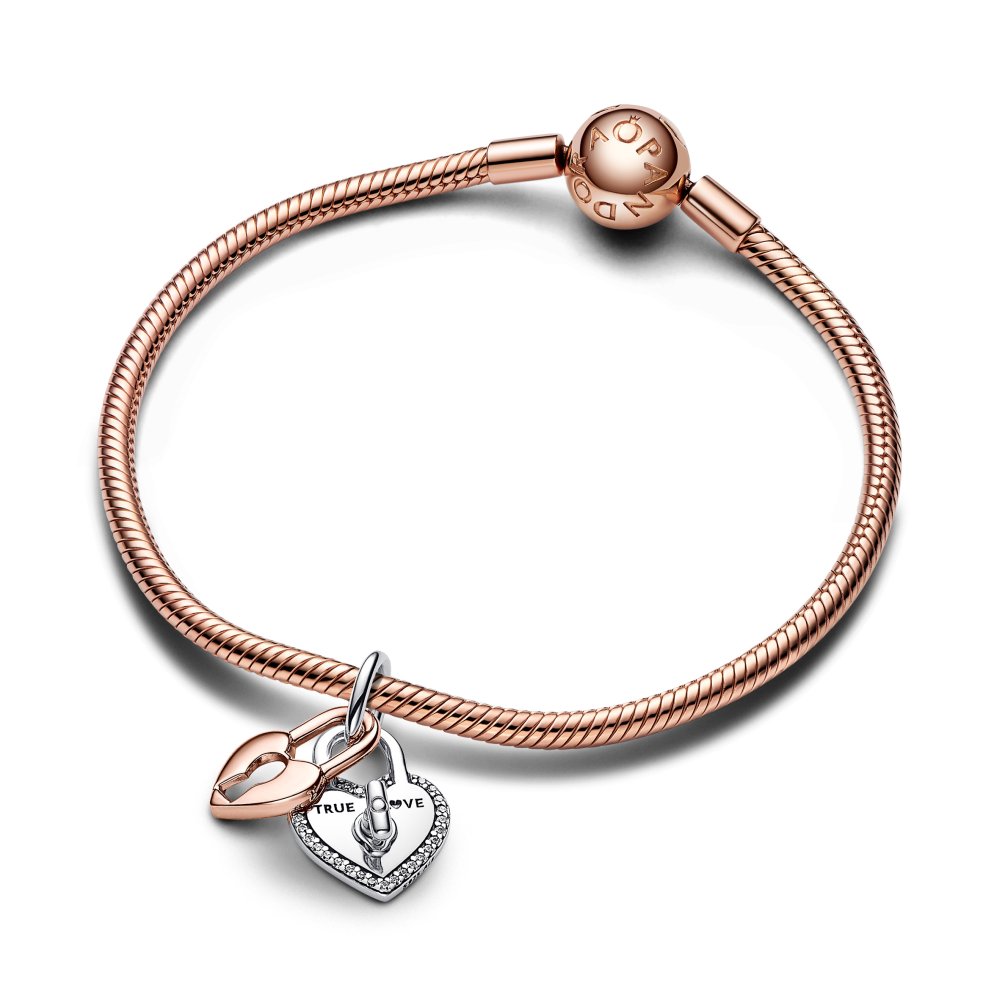 PANDORA Two-tone Twistable Heart Padlock Double Dangle Charm 783079C01