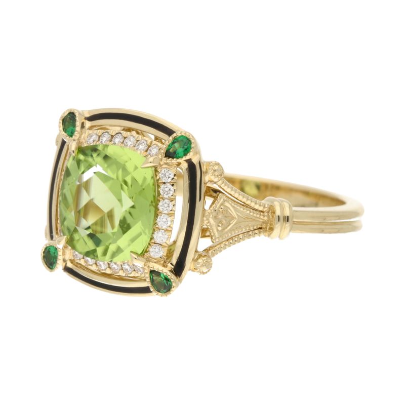 18ct Yellow Gold Cushion Cut Peridot & Diamond Ring