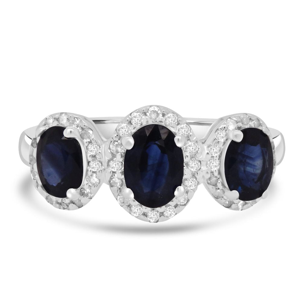 9ct White Gold 3 Stone Oval Sapphire Diamond Halo Ring 1.7ct Sapphire, 0.22ct DiamondWWW3435