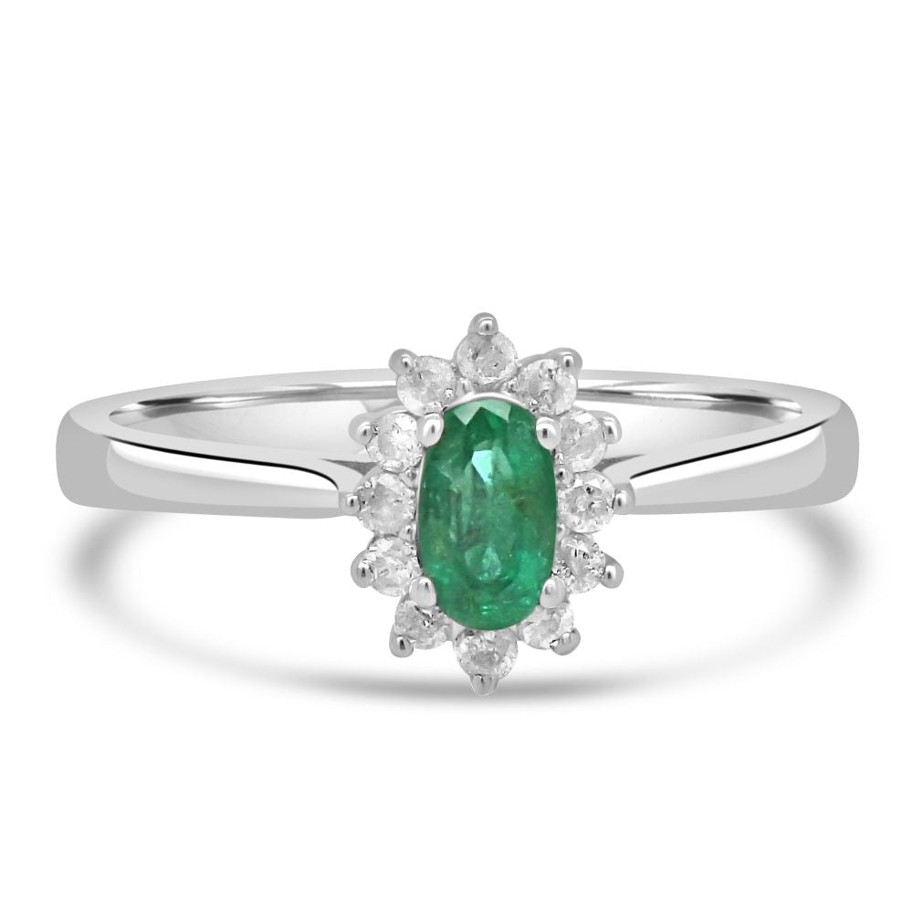 9ct White Gold Emerald Oval Cut 0.2ct Diamond 0.13ct Cluster RingWWW3626R