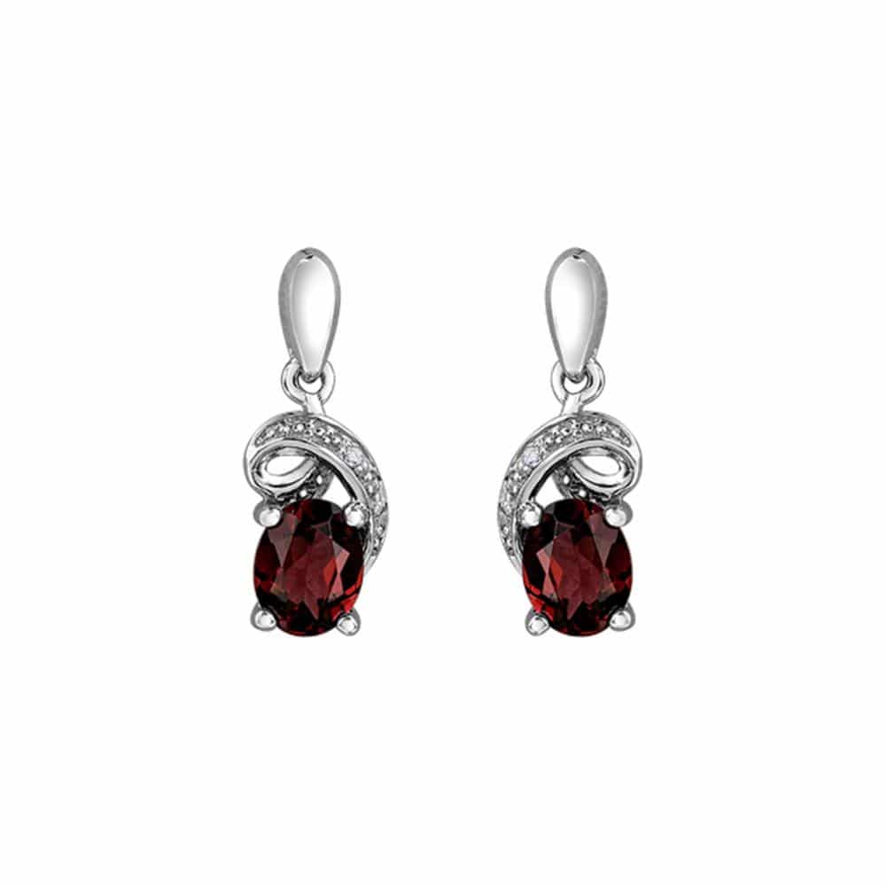 9ct White Gold Garnet & Diamond Delicate Swirl Drop Earrings