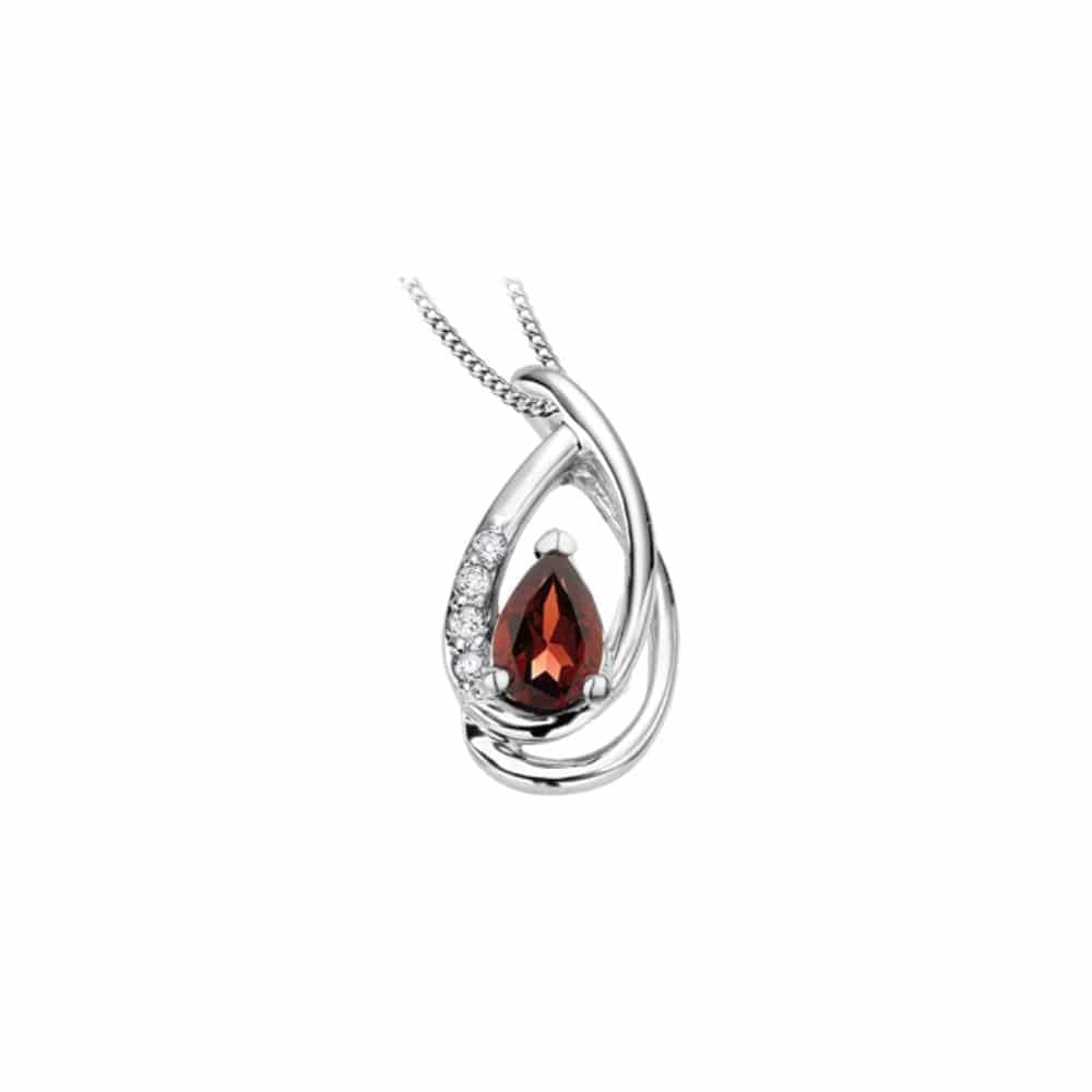9ct White Gold Garnet & Diamond Fancy Teardrop Pendant Necklace