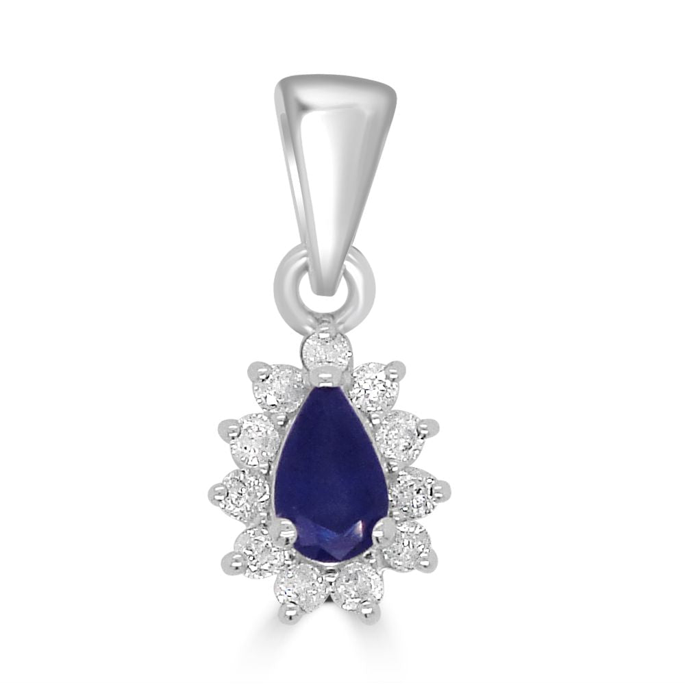 9ct White Gold Sapphire Pear Cut 0.21ct Diamond 0.11ct Cluster PendantWWW3563P