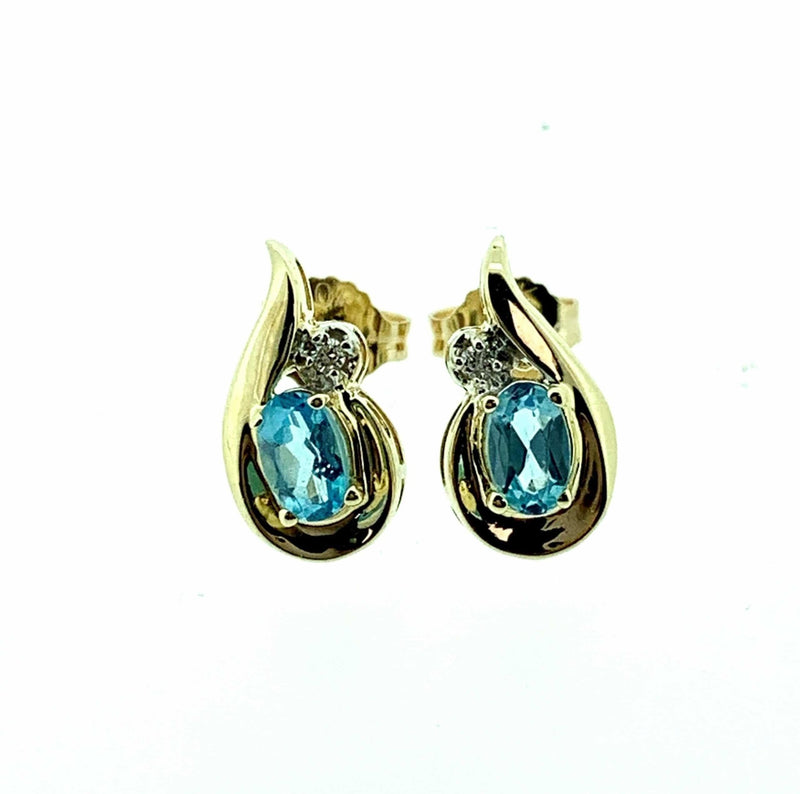 9ct Yellow Gold Blue Topaz & Diamond Fancy Teardrop Stud Earrings