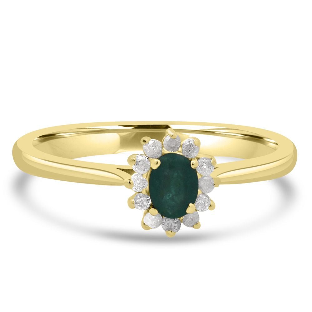 9ct Yellow Gold Emerald Oval Cut 0.18ct Diamond Cluster RingWWW3898R