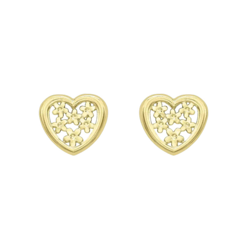9ct Yellow Gold Openwork Flower Heart Stud Earrings