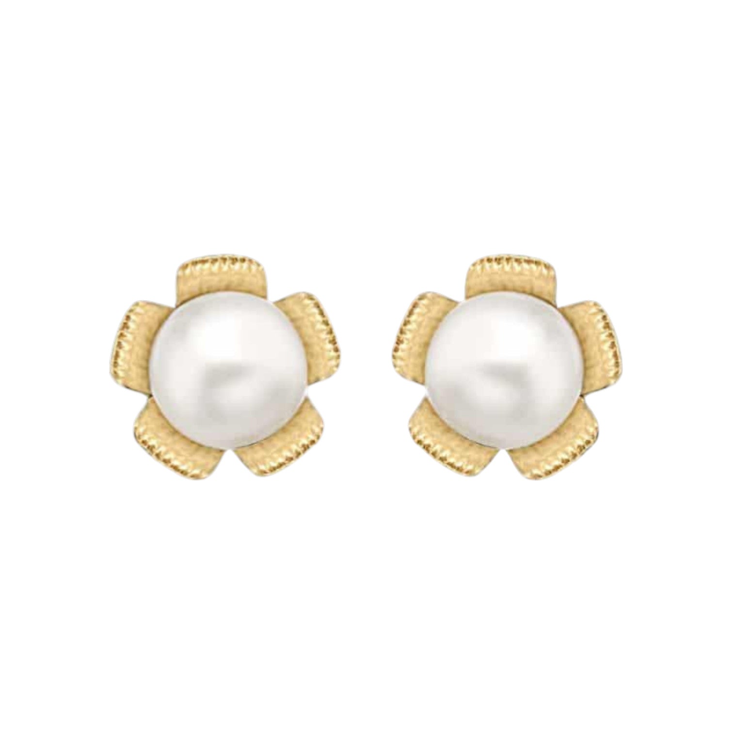 9ct Yellow Gold Pearl and Flower Stud Earrings
