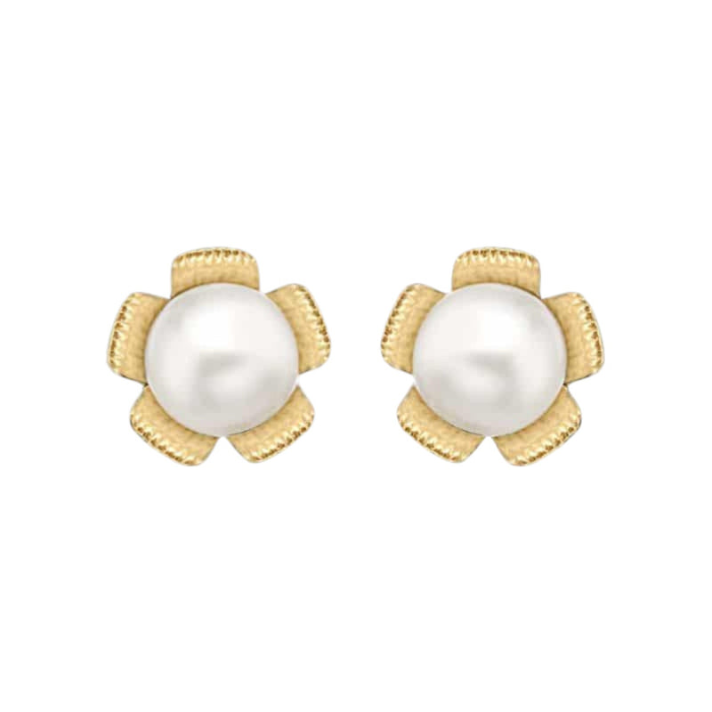9ct Yellow Gold Pearl and Flower Stud Earrings