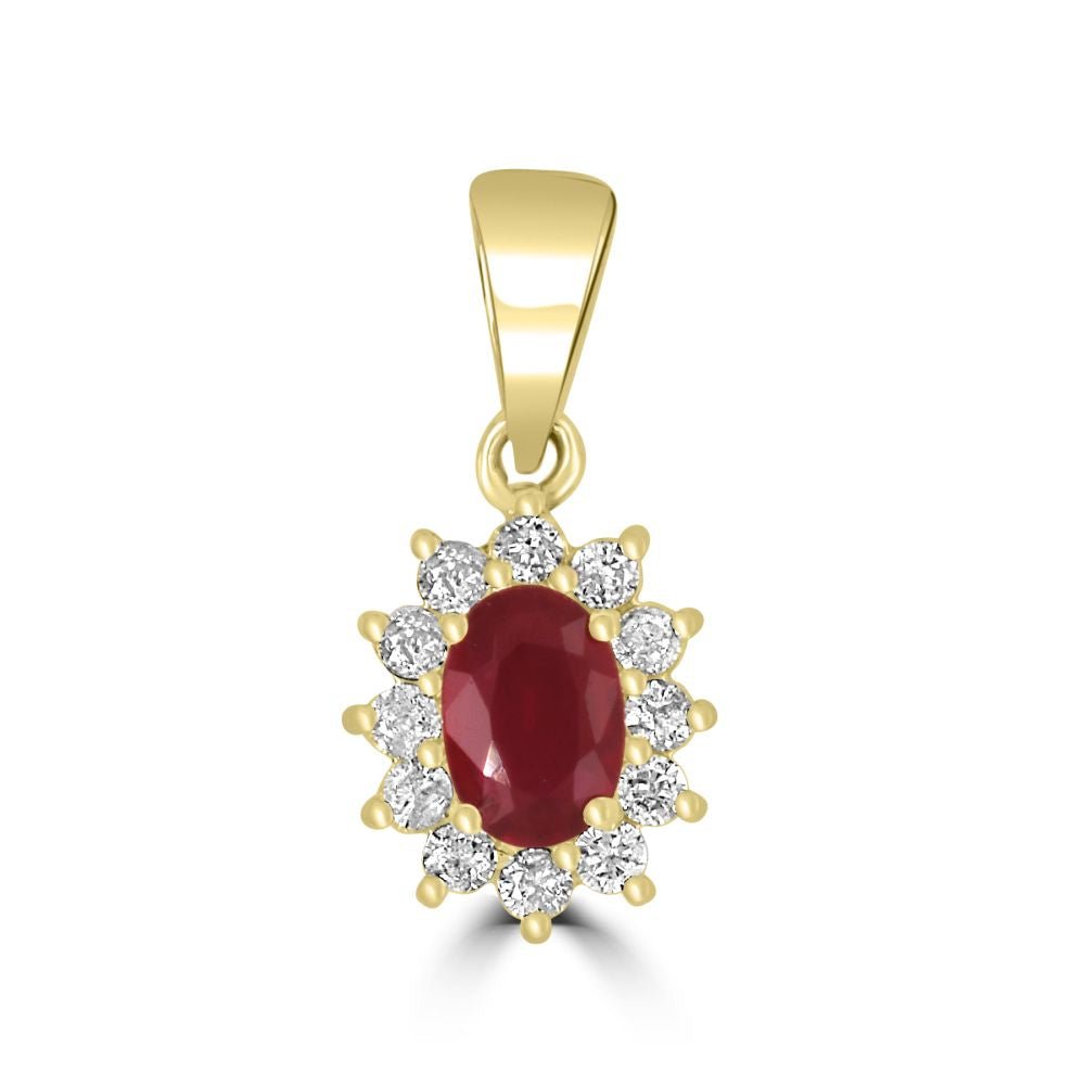 9ct Yellow Gold Ruby Oval Cut Cut 0.64ct Diamond 0.25ct Cluster PendantWWW2145P