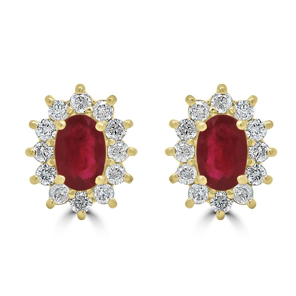 9ct Yellow Gold Ruby Oval Cut Cut 1.15ct Diamond 0.48ct Cluster Stud EarringsWWW2145ER