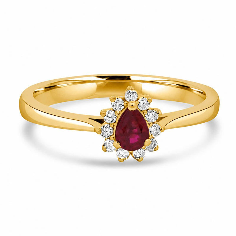 9ct Yellow Gold Ruby Pear Cut 0.18ct Diamond 0.08ct Cluster RingWWW3805R