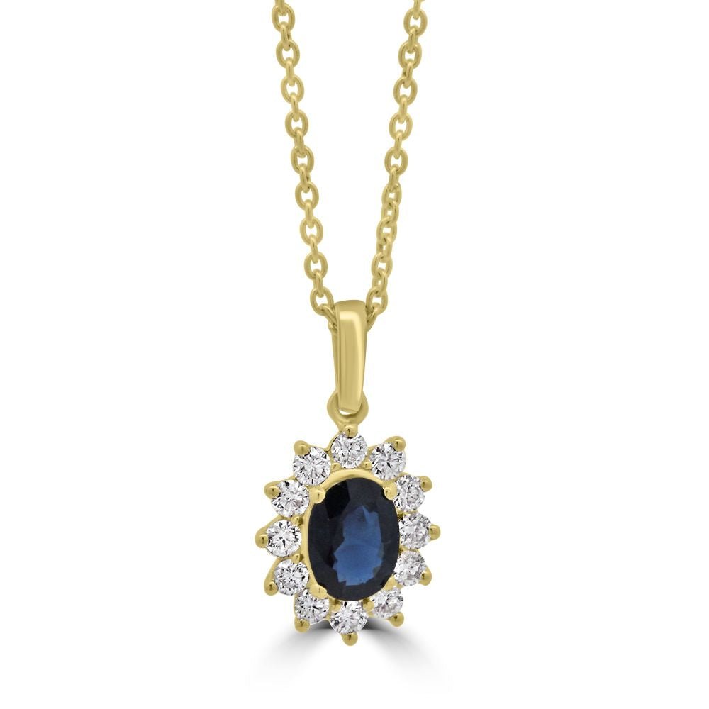 9ct Yellow Gold Sapphire Oval Cut 0.90ct Diamond 0.37ct Cluster PendantWWW3882