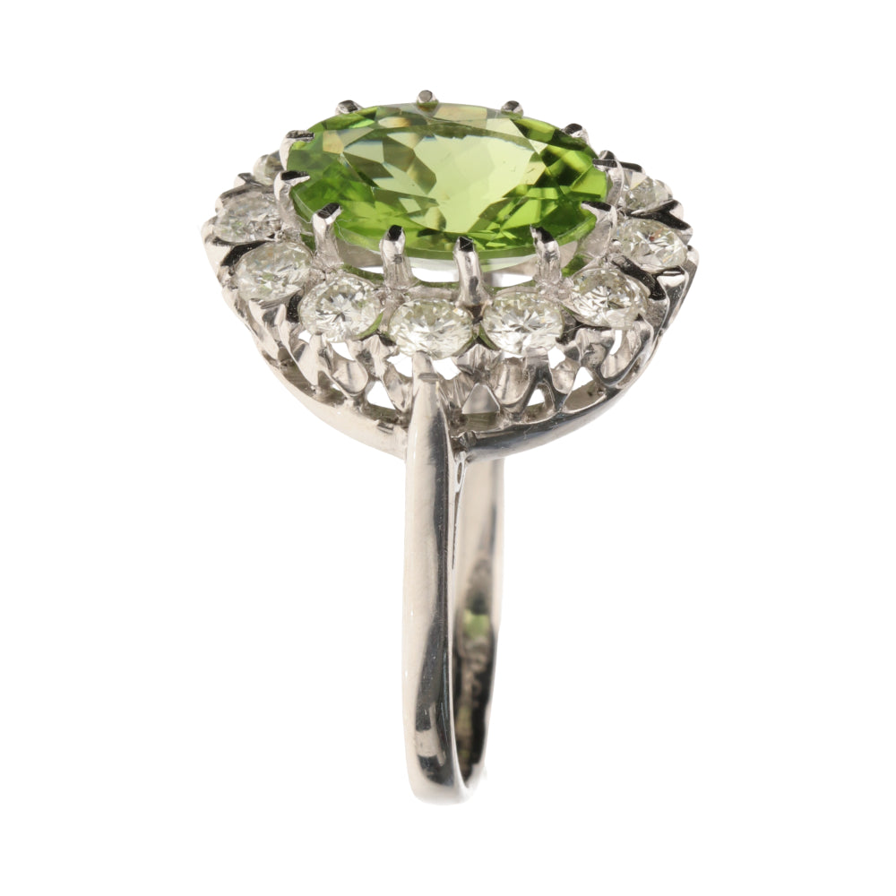 Pre-Owned 18ct White Gold Large Oval Peridot & Diamond Cluster Ring