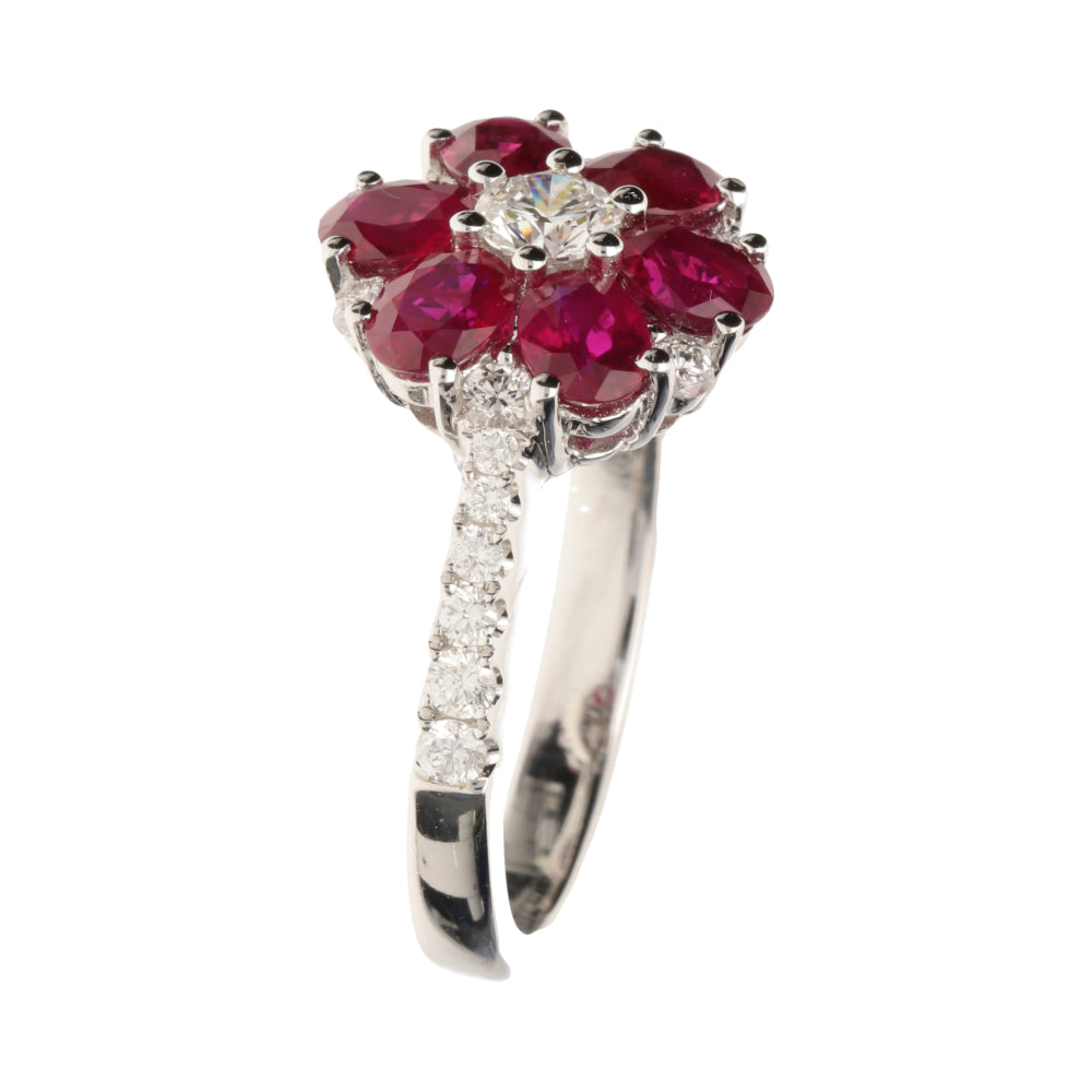 Pre-Owned 18ct White Gold Diamond & Ruby Flower Ring, Size M