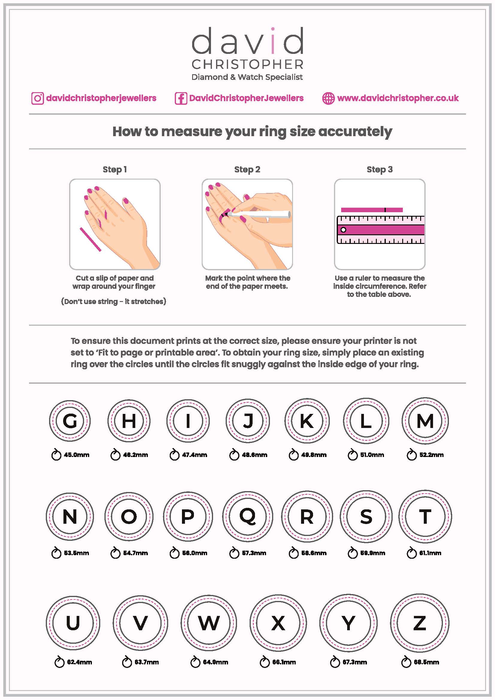 Instructions on how to measure UK ring size accurately with illustrations and a chart.