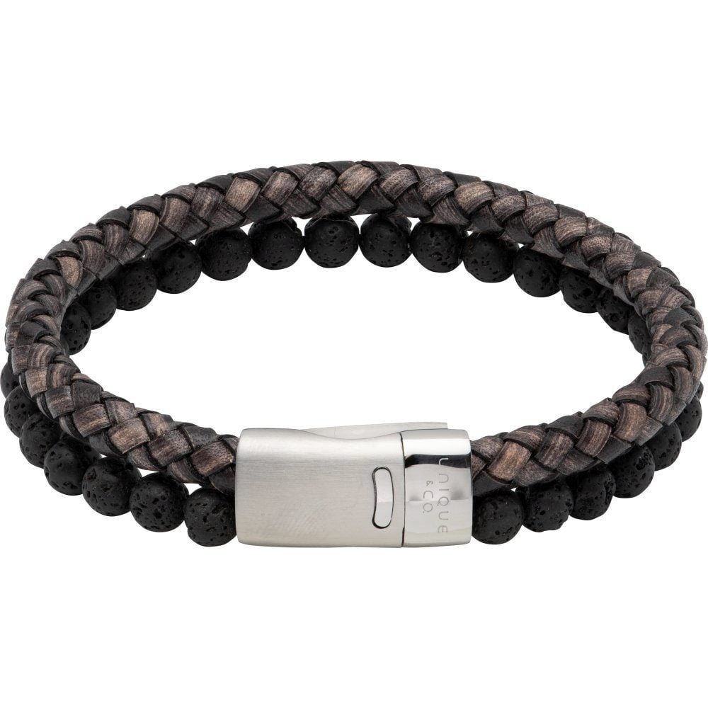 Antique Black Leather with Lava Stone & Stainless Steel Clasp Bracelet