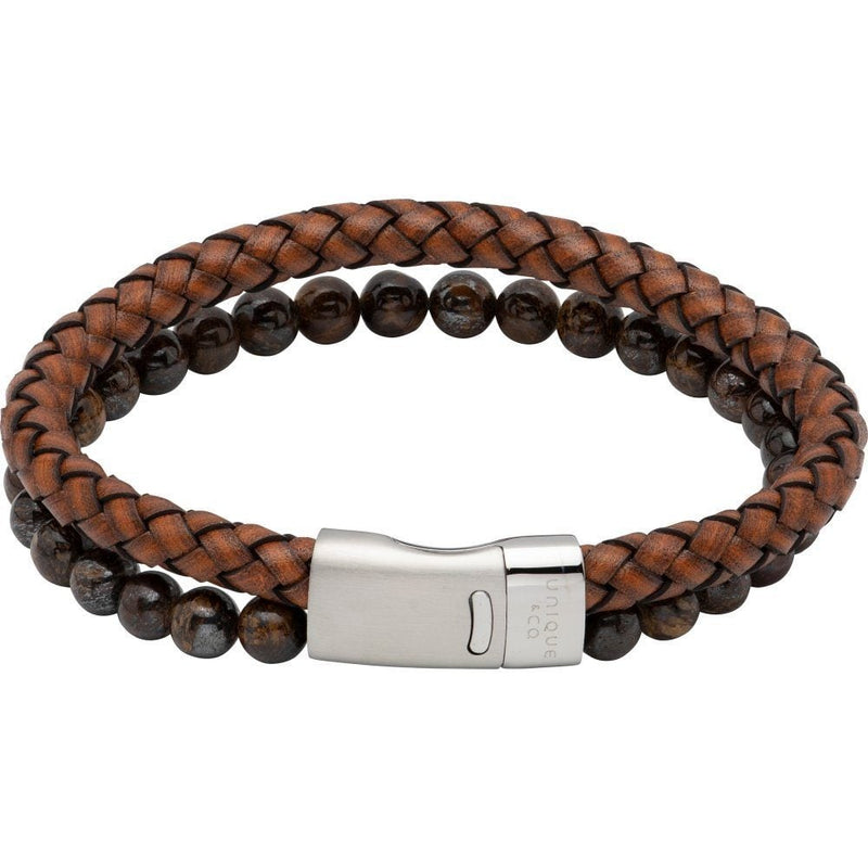 Antique Dark Brown Leather with Tiger Eye & Stainless Steel Bracelet