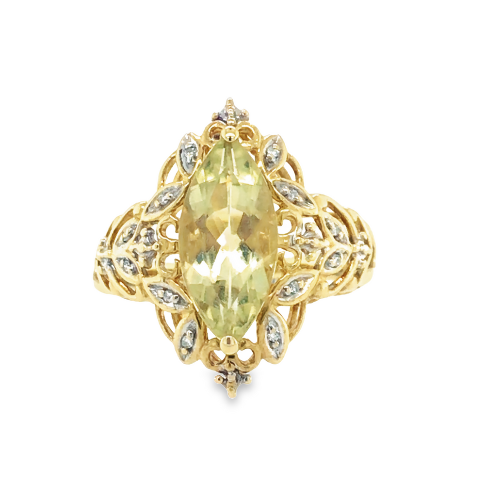 Pre-Owned 9ct Yellow Gold Marquise Cut Lemon Quartz & Diamond Openwork Statement Ring 4.02g image 0