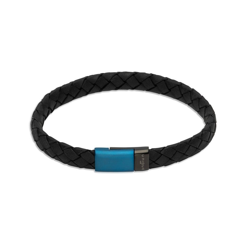 Black Leather with Blue Plating Stainless Steel Clasp Bracelet