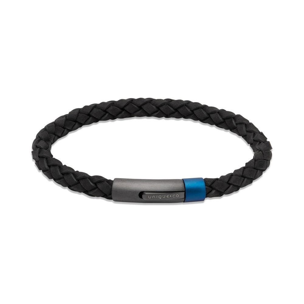 Black Leather with Blue Polished Clasp Bracelet