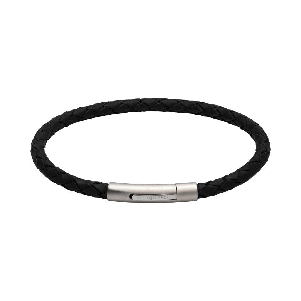 Black Leather with Polished Stainless Steel Clasp Bracelet