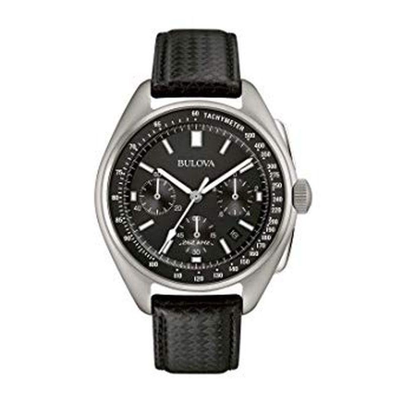 Bulova Mens Special Edition Lunar Pilot Textured Black Leather Watch 96B25196B251