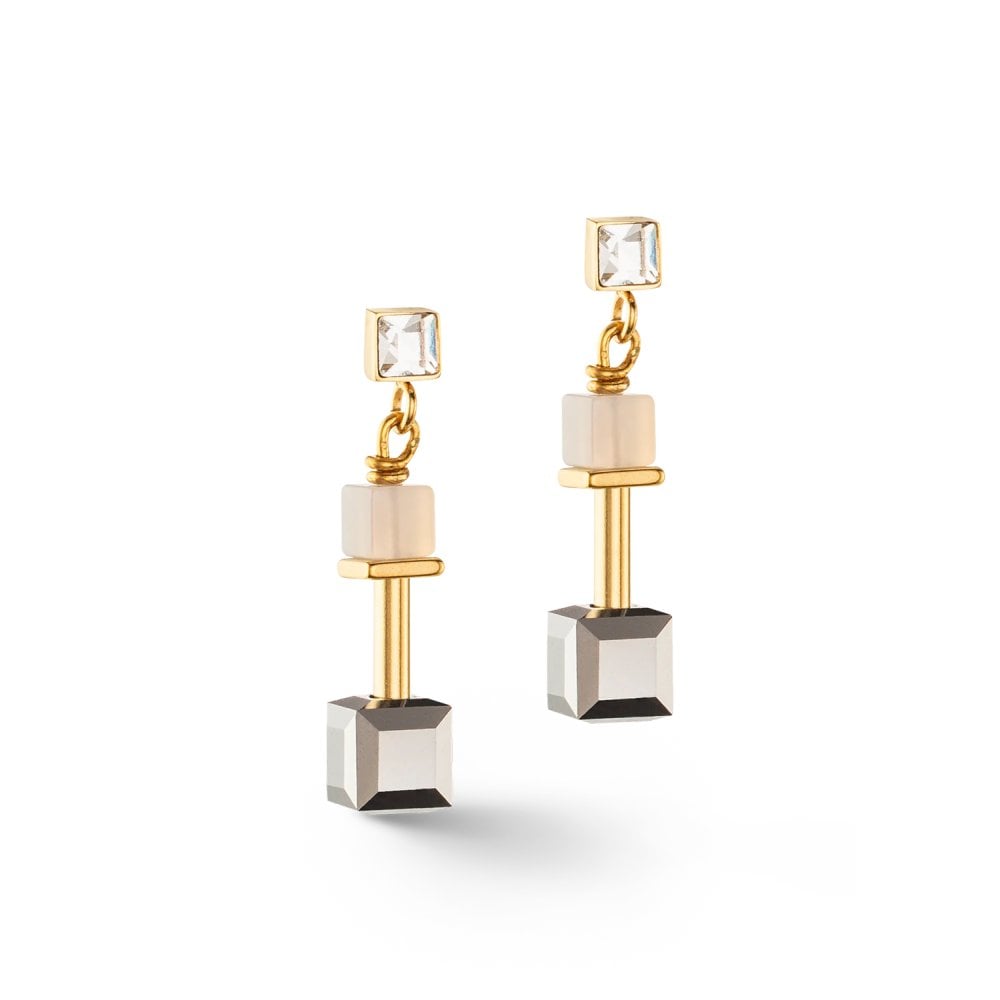 Coeur De Lion GeoCUBE Precious Slider Closure Gold Grey Earrings 5074/21 - 1216
