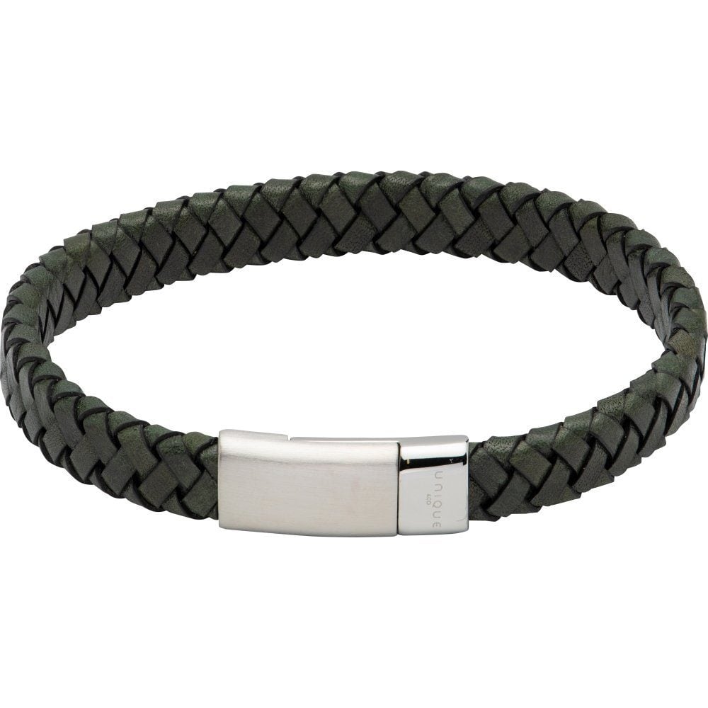 Dark Green Leather with Polished Stainless Steel Clasp Bracelet