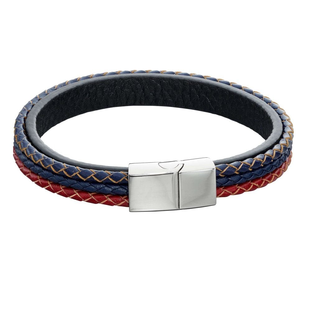 Fred Bennett Woven Blue Red Grey Leather Magnetic Clasp Bracelet B5283