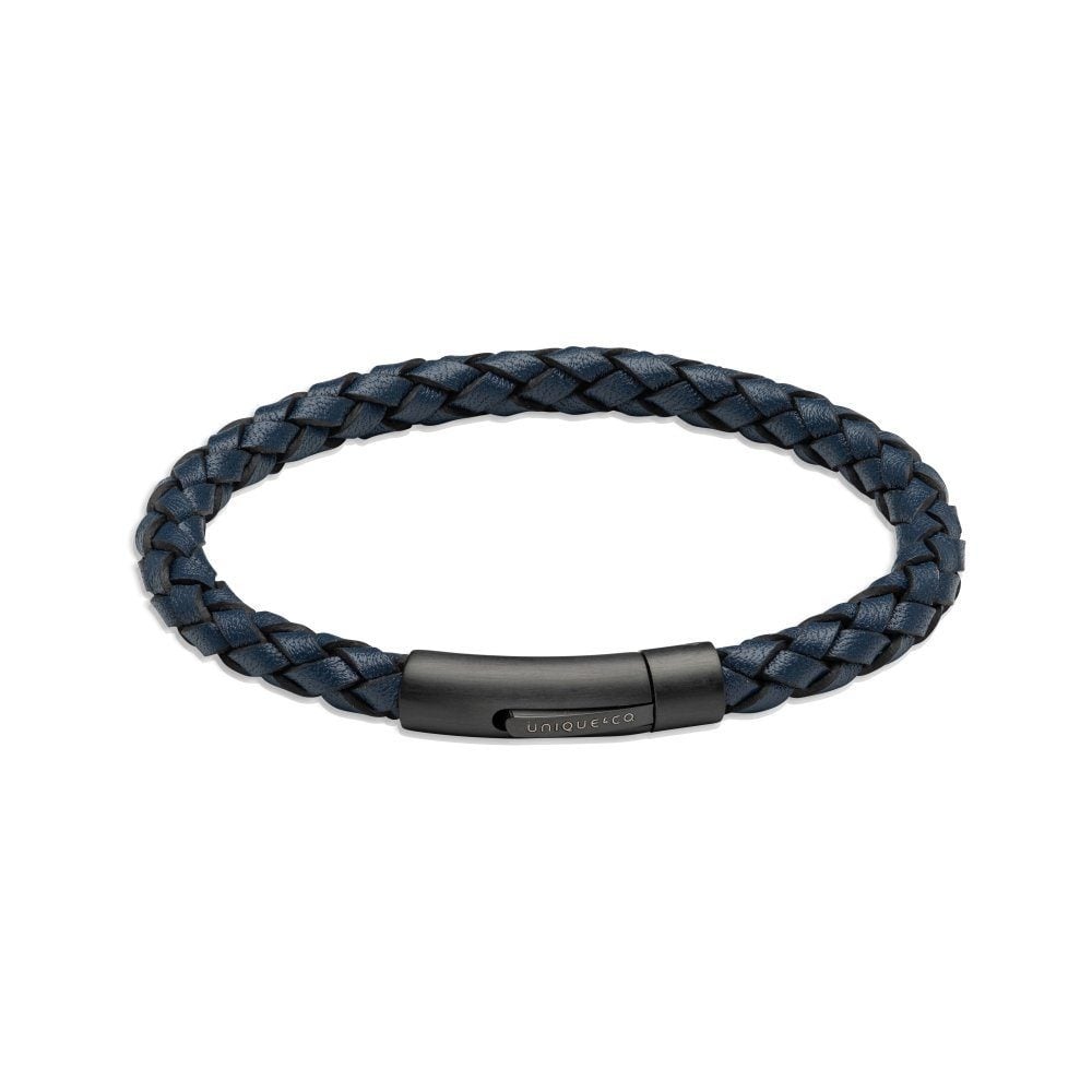 Navy Leather with Matte Black Plating Stainless Steel Clasp Bracelet