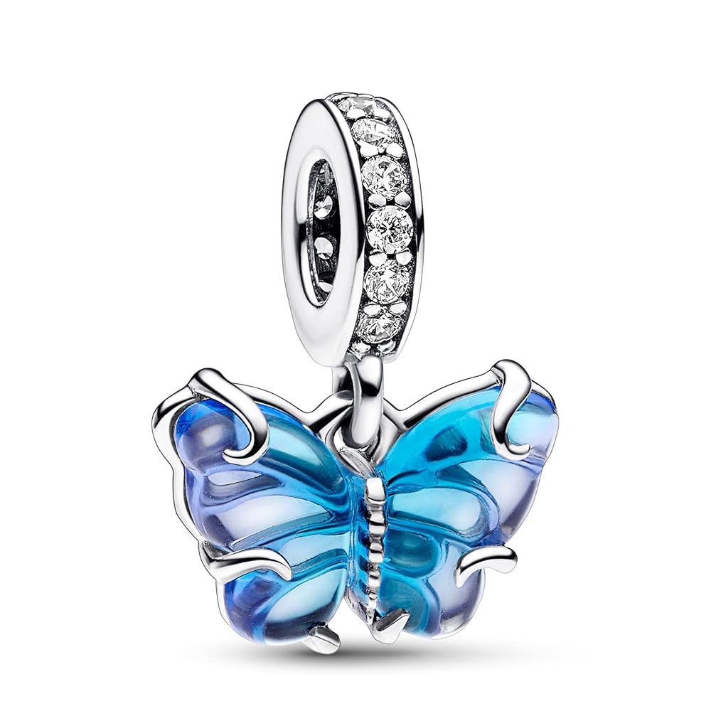 PANDORA Blue Murano Glass Butterfly Dangle Charm 792698C01263023