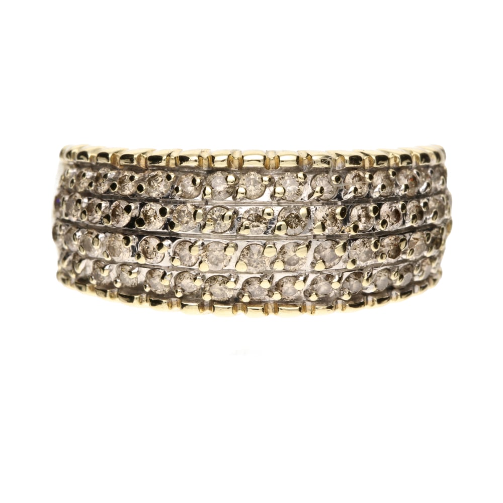 Pre - Owned 14ct Yellow Gold Multi Row Diamond Pave Cluster Ring