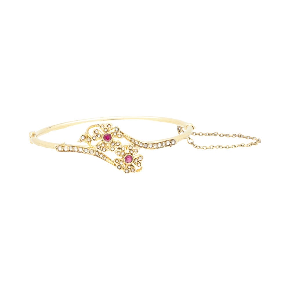 Pre - Owned 14ct Yellow Gold Ruby & Pearl Set Floral Bangle