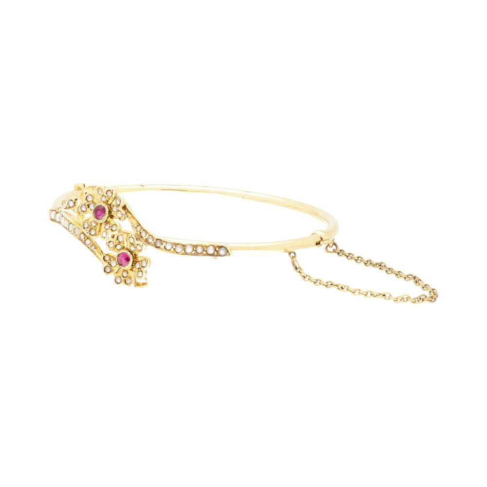 Pre - Owned 14ct Yellow Gold Ruby & Pearl Set Floral Bangle