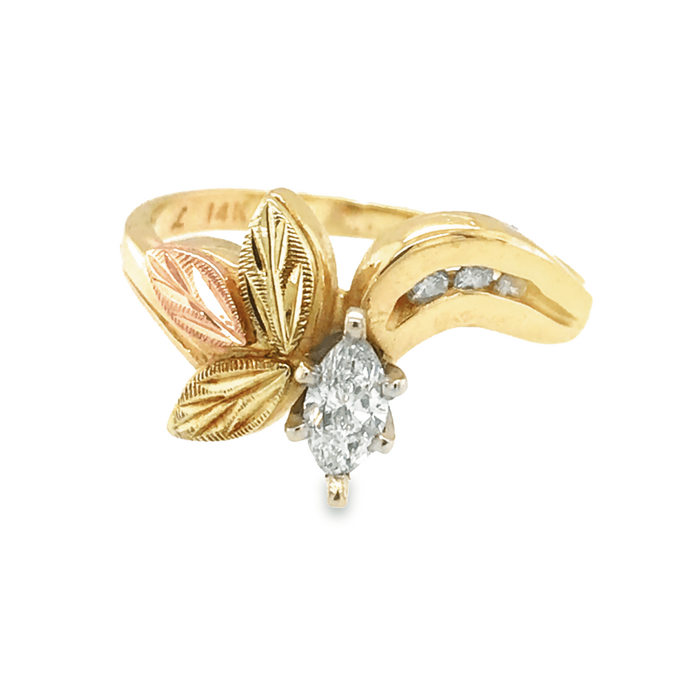 Pre - Owned 14ct Yellow/Rose Gold Marquise/Round Cut Diamond Set Leaf Ring