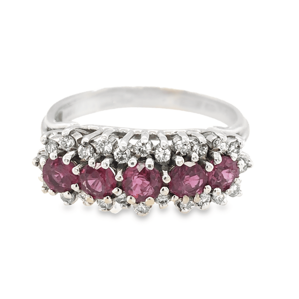 Pre - Owned 18ct White Gold 5 Stone Ruby & Diamond Cluster Ring,