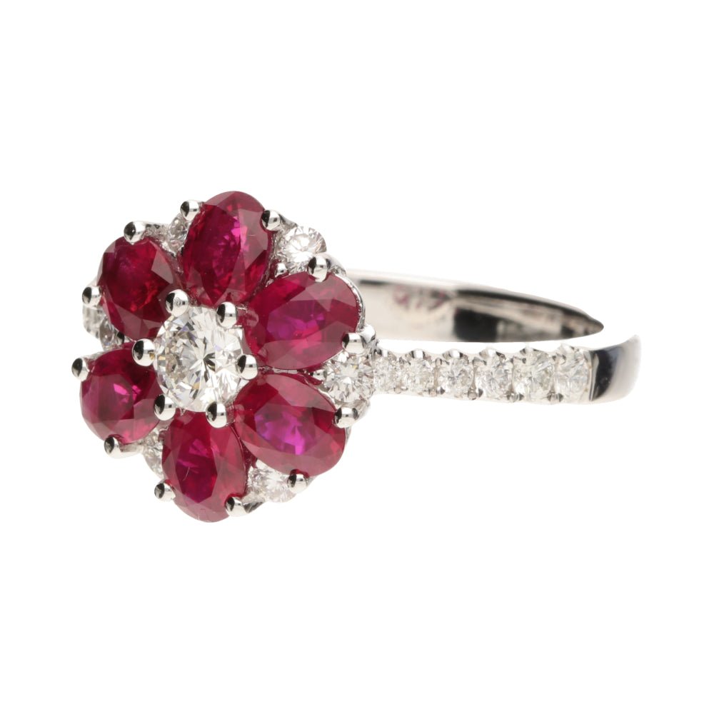 Pre - Owned 18ct White Gold Diamond & Ruby Flower Ring, Size M